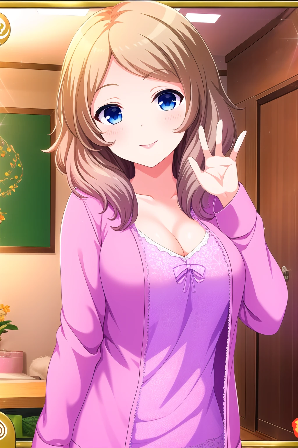 (masterpiece, best quality), highly detailed background, perfect lightingbest quality, yugekaede, solo, indoors, blonde hair, multicolored hair, brown hair, short hair, blue eyes, breasts, pink jacket, pink shirt, cleavage, pajamas, <lora:GoodHands-vanilla:1>, smile, closed mouth, pink lips, <lora:Yuge-Kaede:0.7>