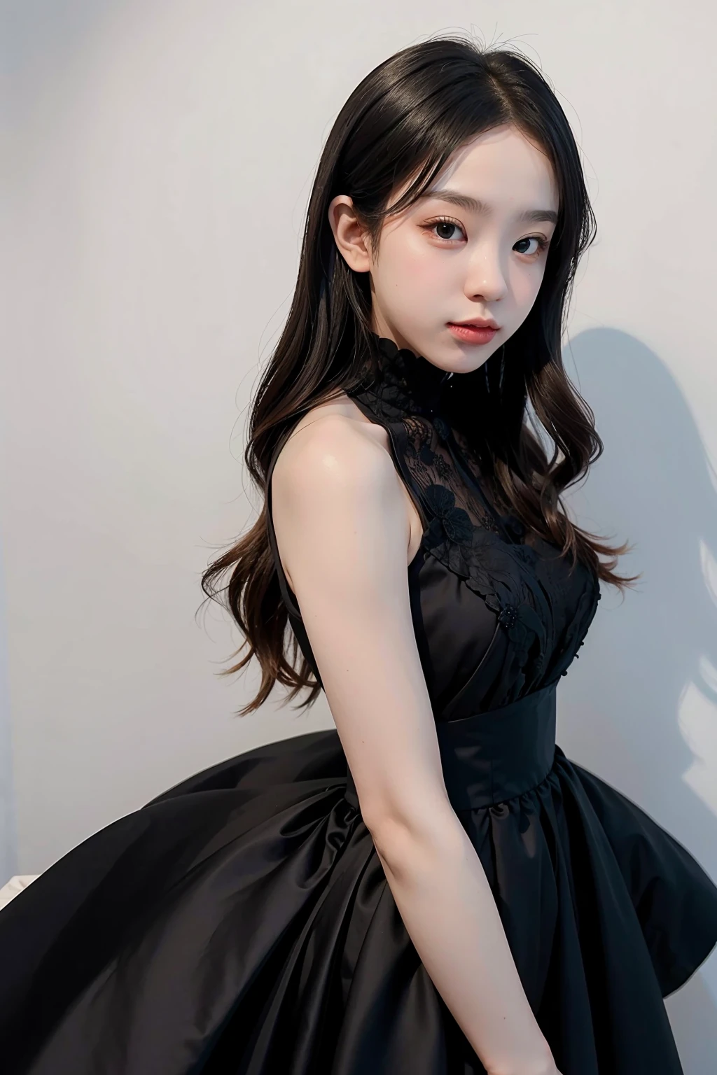 1girl, black  formal long dress,white background,    <lora:MildLaos-04:1>