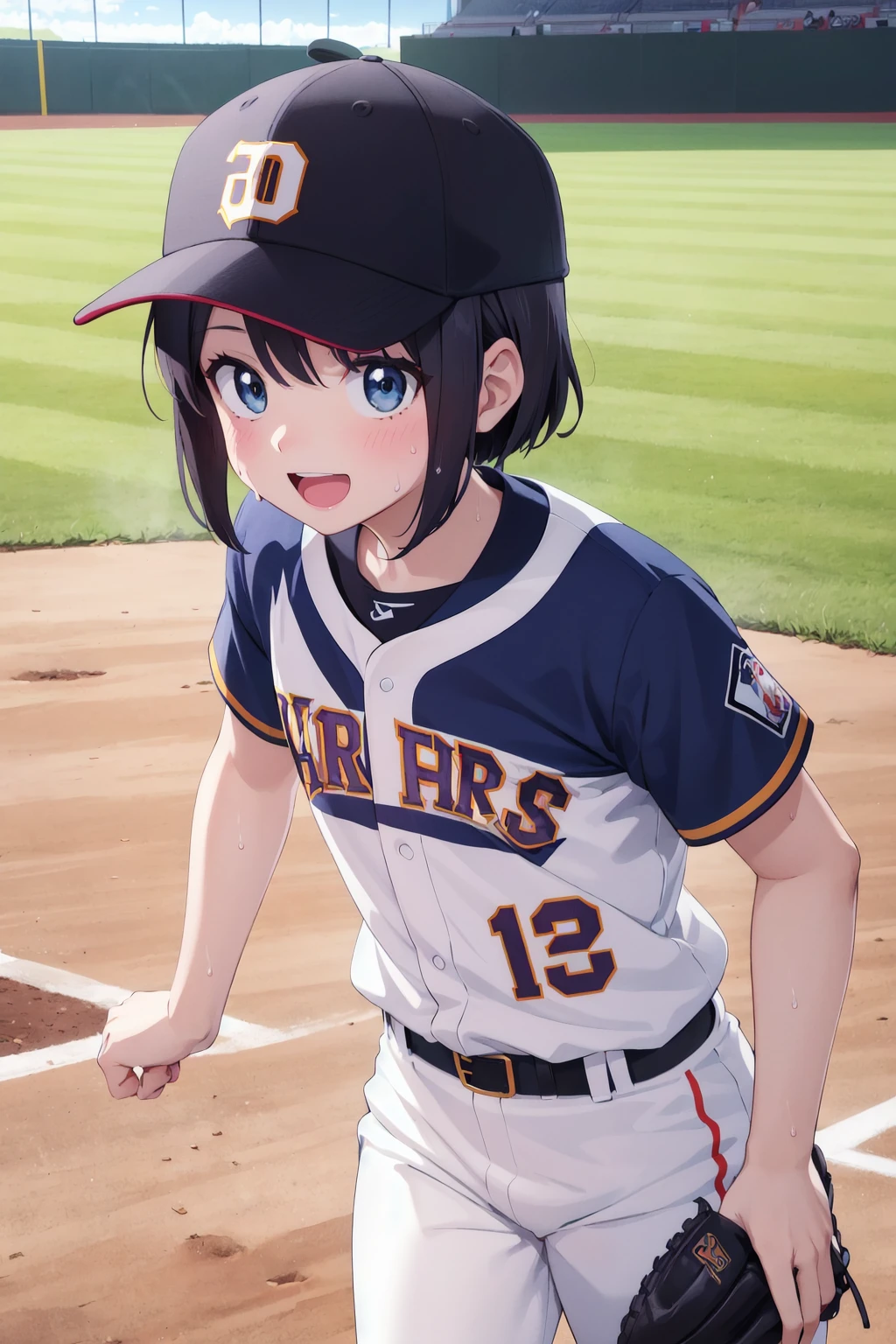 1girl,solo,:d,anime screencap,anime coloring,looking_at_viewer,baseball uniform,baseball,championship,victory,dirty_clothes,sweat,black hair,short hair,stadium,baseball cap,