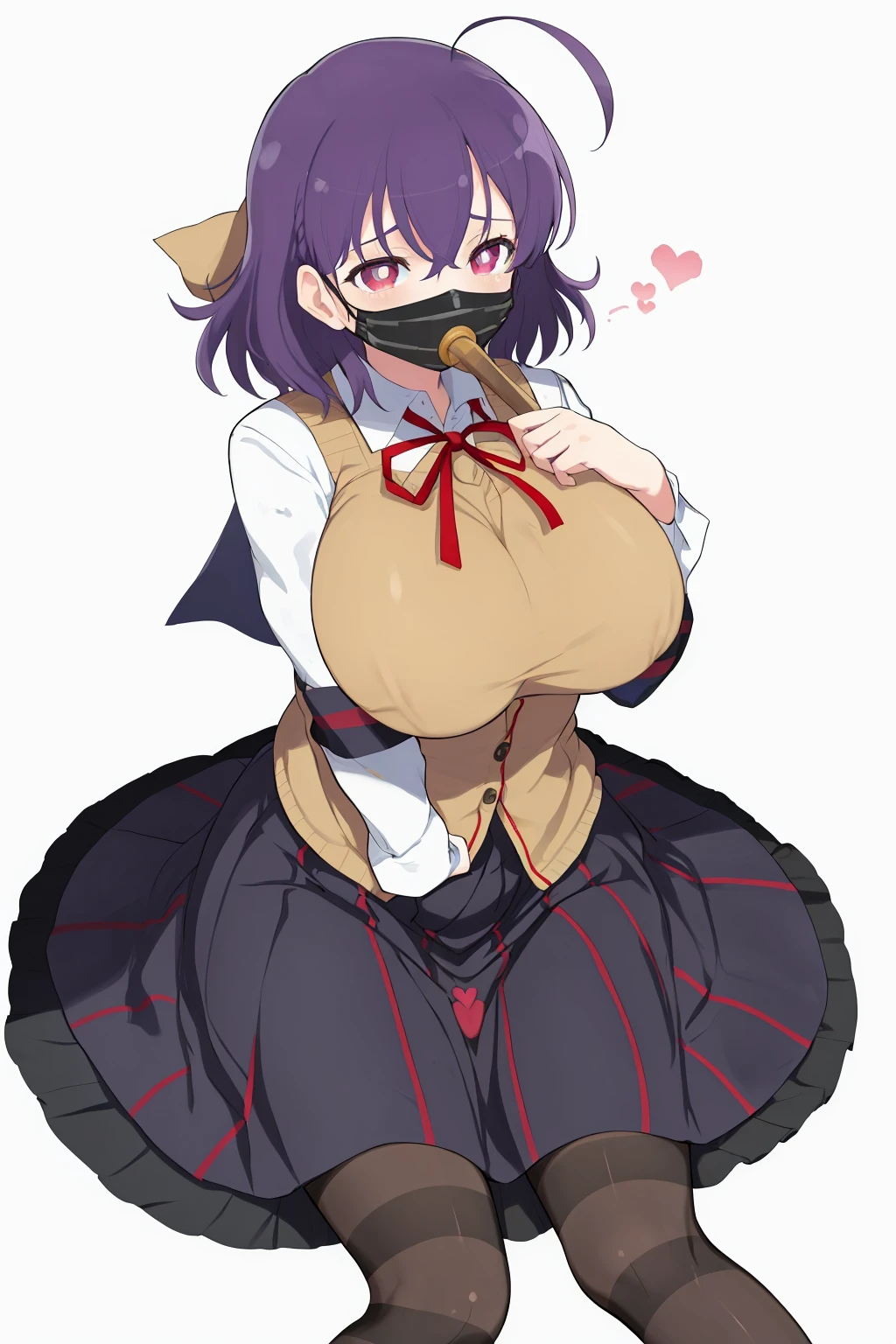masterpiece, best quality, kuroudo (senran kagura), 1girl, breasts, solo, purple hair, pantyhose, mouth mask, heart, skirt, mask, (striped:1.3), symbol-shaped pupils, huge breasts, short hair, school uniform, large breasts, shirt, ahoge, red eyes, star (symbol), simple background, white background, <lora:kuroudo_senran kagura-000012:0.4> <lora:Senran_kagura_style:0.6>