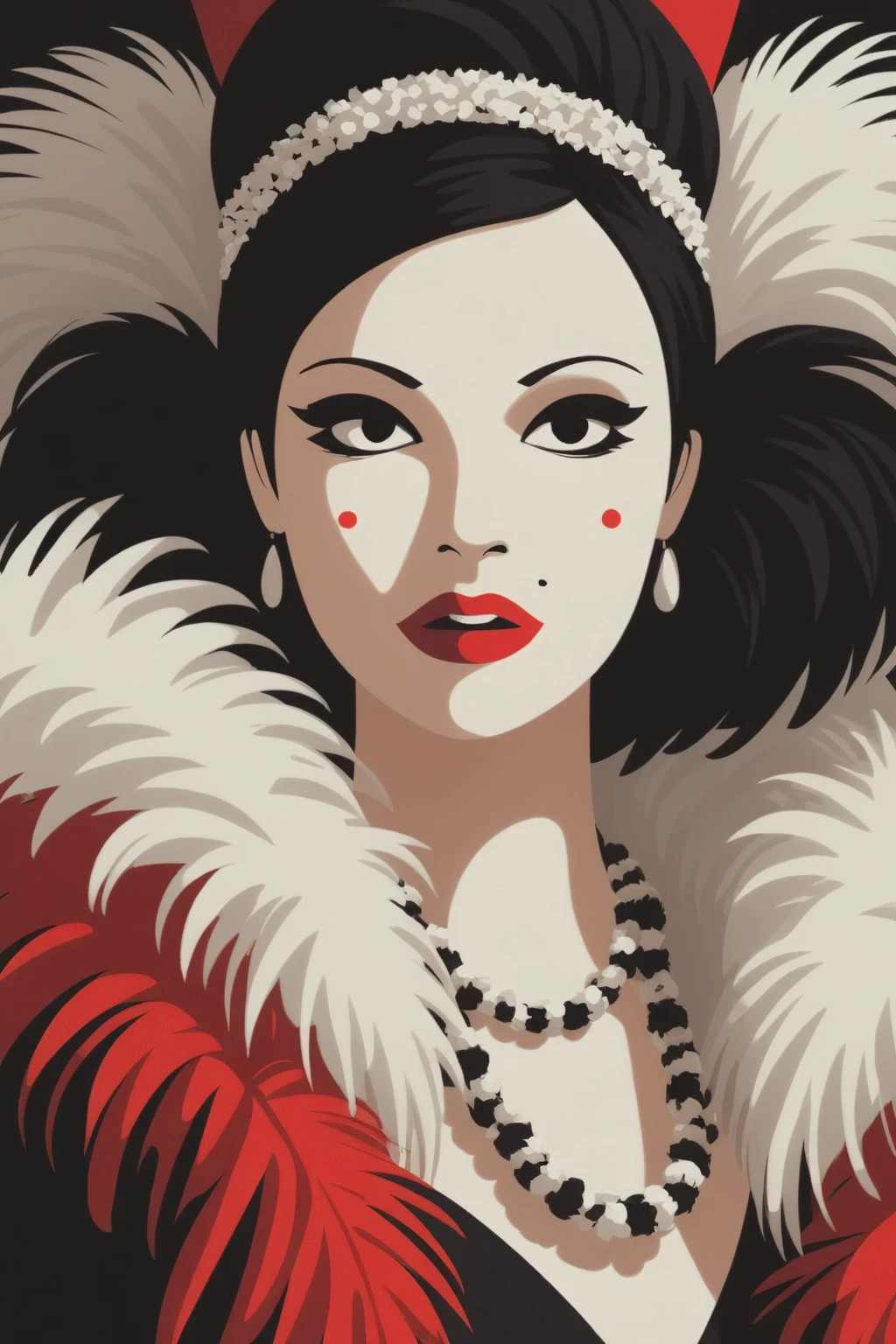Colorful vector artwork of a woman in a feather boa using only the colors red, white and black, cropped image, by Malika Favre <lora:Malika_Favre_Style_XL>