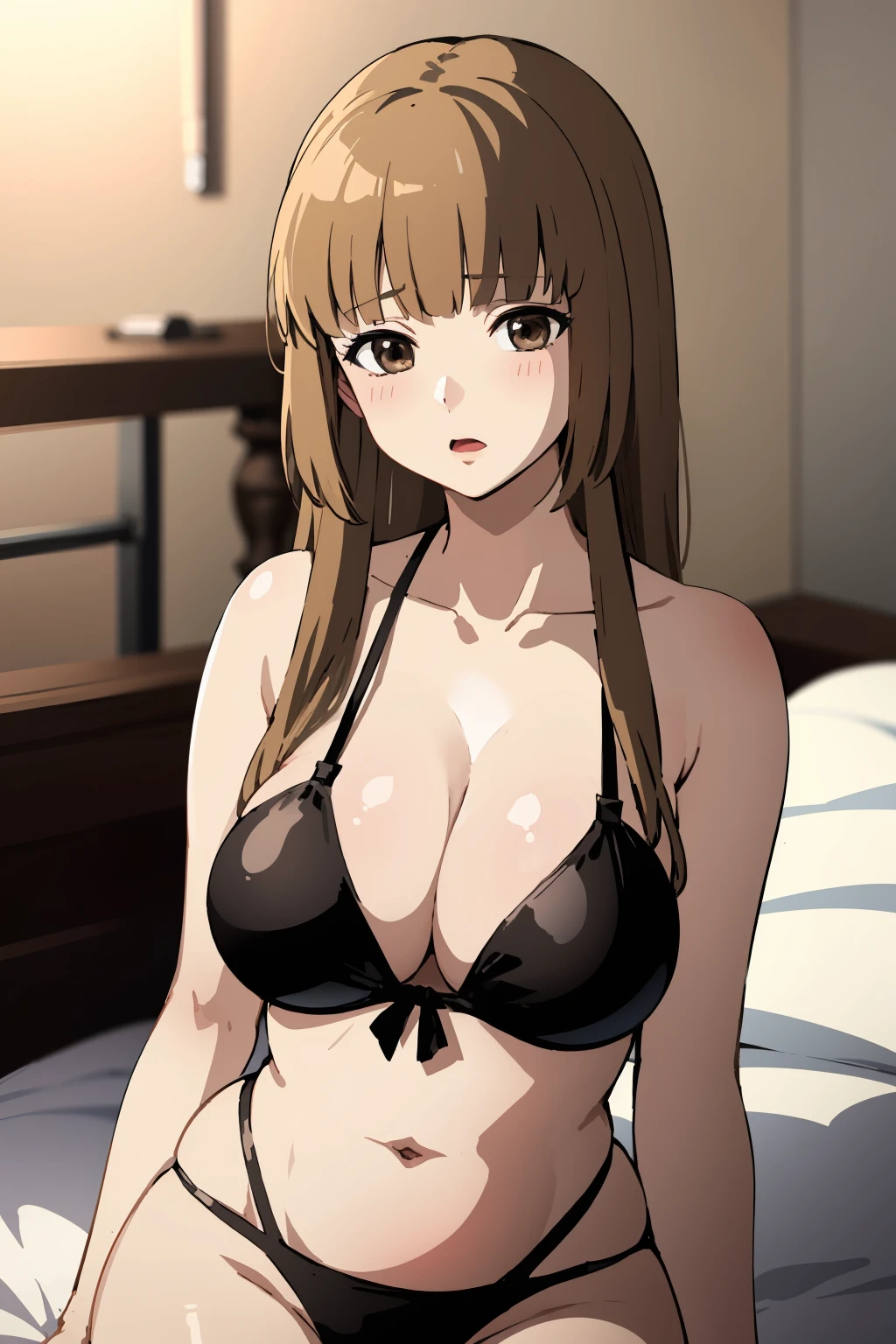 masterpiece,high quality,highres,1girl,solo,large breasts,wide hips,mature female,<lora:umi-rosa-v3-wasabiya:1>, umirosa,long hair,brown eyes,brown hair,blunt bangs,hime cut, bikini