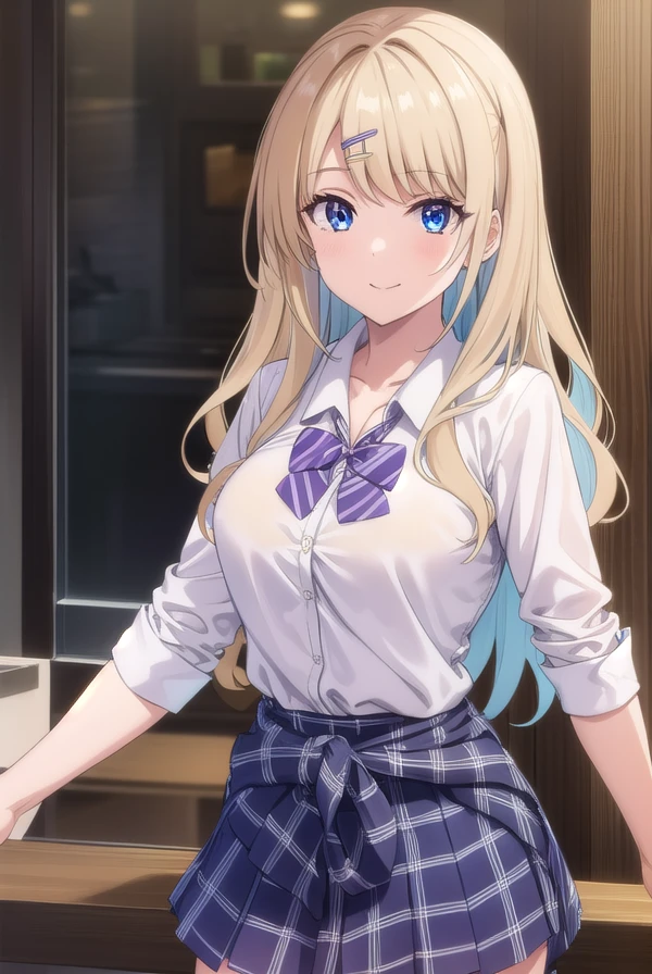 lunashirakawa, <lora:luna shirakawa s1-lora-nochekaiser:0.8>,
luna shirakawa, long hair, blue eyes, blonde hair, hair ornament, bow, multicolored hair, hairclip, smile,
BREAK skirt, shirt, thighhighs, bow, school uniform, white shirt, pleated skirt, shoes, black thighhighs, bowtie, blue skirt, plaid, plaid skirt, loafers, purple bow, clothes around waist, gyaru, purple bowtie,
BREAK looking at viewer,
BREAK indoors, classroom, (cowboy shot:1.5),
BREAK <lyco:GoodHands-beta2:1>, (masterpiece:1.2), best quality, high resolution, unity 8k wallpaper, (illustration:0.8), (beautiful detailed eyes:1.6), extremely detailed face, perfect lighting, extremely detailed CG, (perfect hands, perfect anatomy),