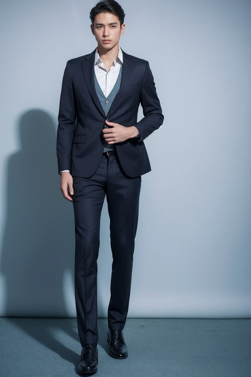 (1man:1.4),(male:1.2),(full body:1.2),(Collared shirt and blazer and suit trousers:1.4),<lora:Male_2:0.8>,