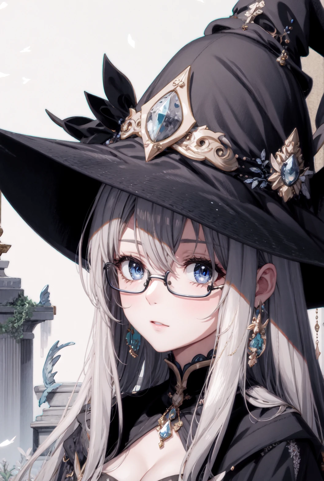 ( masterpiece,best quality, highres , extremely detailed wallpaper:1.4) , watercolor ,1 beautiful woman , highly detailed beautiful face and eyes ,1girl, (anime:1.3), beautiful detailed deep eyes , ruins , Fantastic , huge witch hat, wearing earrings , magic , magical witch, fantasy, (an extremely delicate and beautiful:1.05), original, wearing glasses,