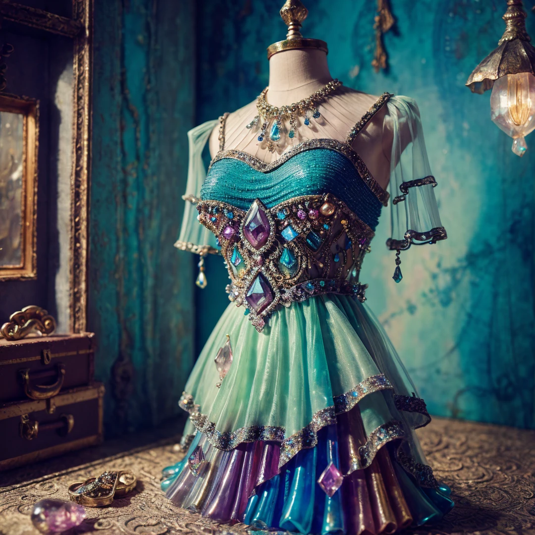 dress transparent, gem, details, detailed scene, magical items, highly detailed scene, masterpiece, 3D, sculptural, textured, handmade, vibrant, fun, Textured, distressed, vintage, edgy, punk rock vibe, dirty, noisy