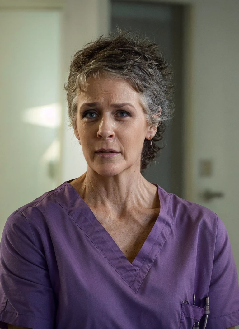 portrait of a nurse in scrubs, at the hospital, worried expression, bold, bright colours, (high detailed skin:1.1)
<lora:melissa_mcbride_lora_v01:1> melmc
