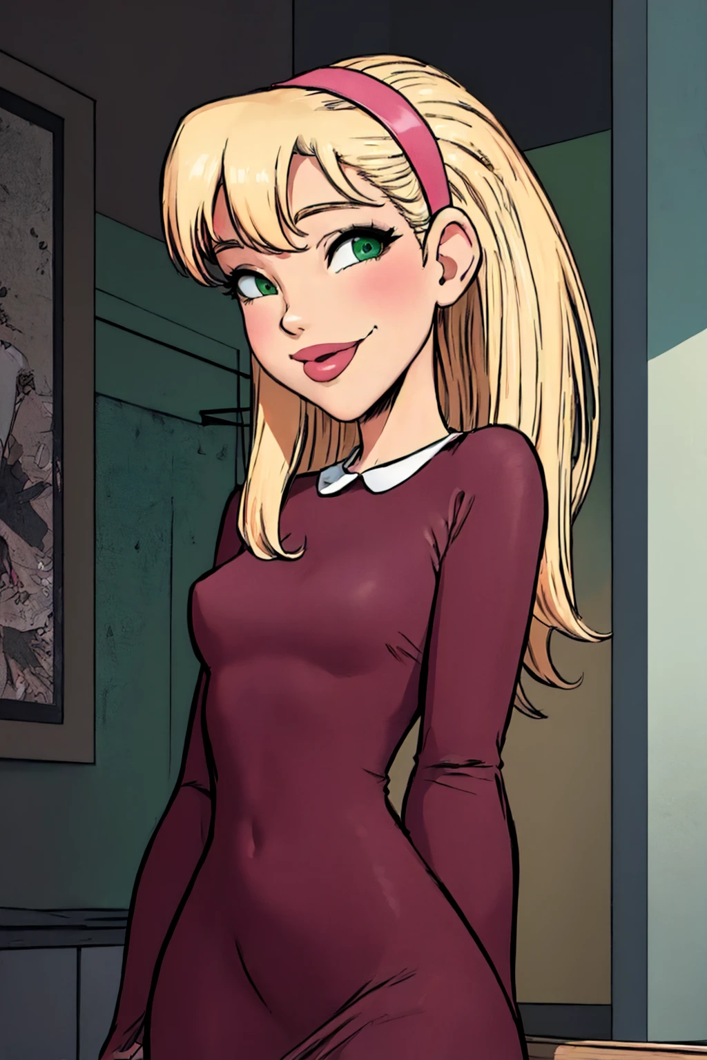 1girl, blonde hair, hairband, long hair, nat, pink hairband,dress,upper body,lips, smile, solo,looking at viewer, smile, standing, , green eyes <lora:Nat(AP)-000008:0.75>