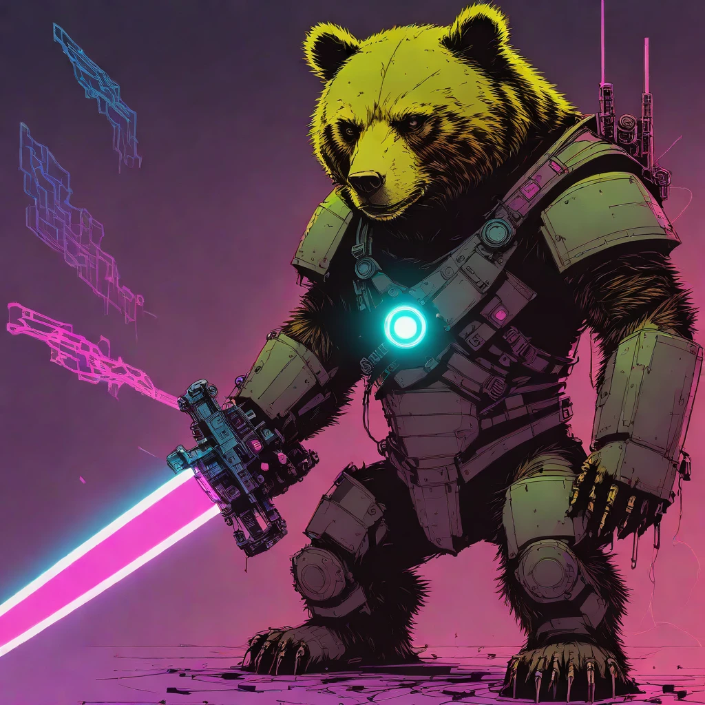 nvinkpunk, popart, neon hues, glowing eyes, cybertronic bear warrior with a sword