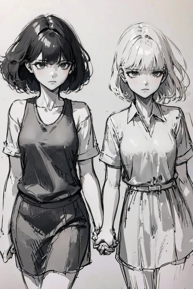 sketch, pencil drawing, black hair girl, white hair girl, holding hand