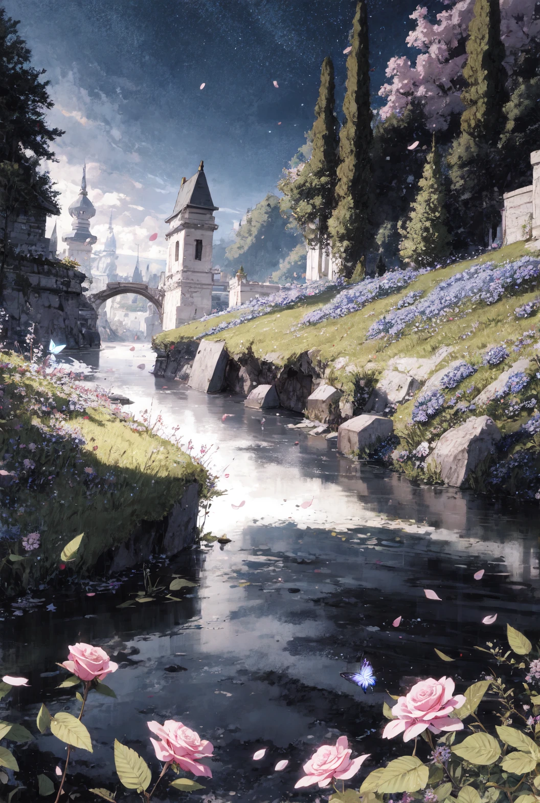 (masterpiece:1.3),ultra detailed,best quality,illustration,extremely detailed wallpaper,extremely detailed CG unity 8k wallpaper,realistic,night,grassland,Tea party,Blue rose,many blue roses,weed,,purple butterfly,sakura,wide shot,(river:1.1), ultra realistic lighting, colorful painting burst,absurdres,
,fluttering petals,fantasy view , fisheye lens ,
starry sky, wind,night,star, shadow,ruins,twinkle star,