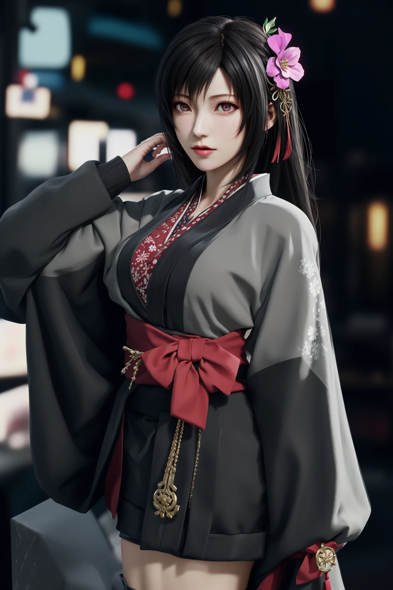 1girl,hair ornament,grey_kimono,tifa lockhart,<lora:å¥½åç±³-tifa-v3:0.6>,