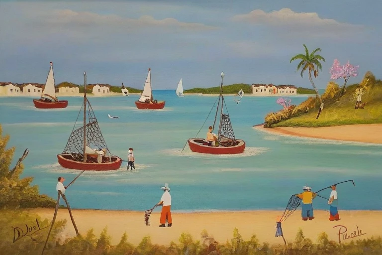 Oil painting on canvas of a fishing scene near the beach with fishermen with nets and sail boats in the background, signed Di Paula brazil street art style <lora:Brazil_Street_Art>