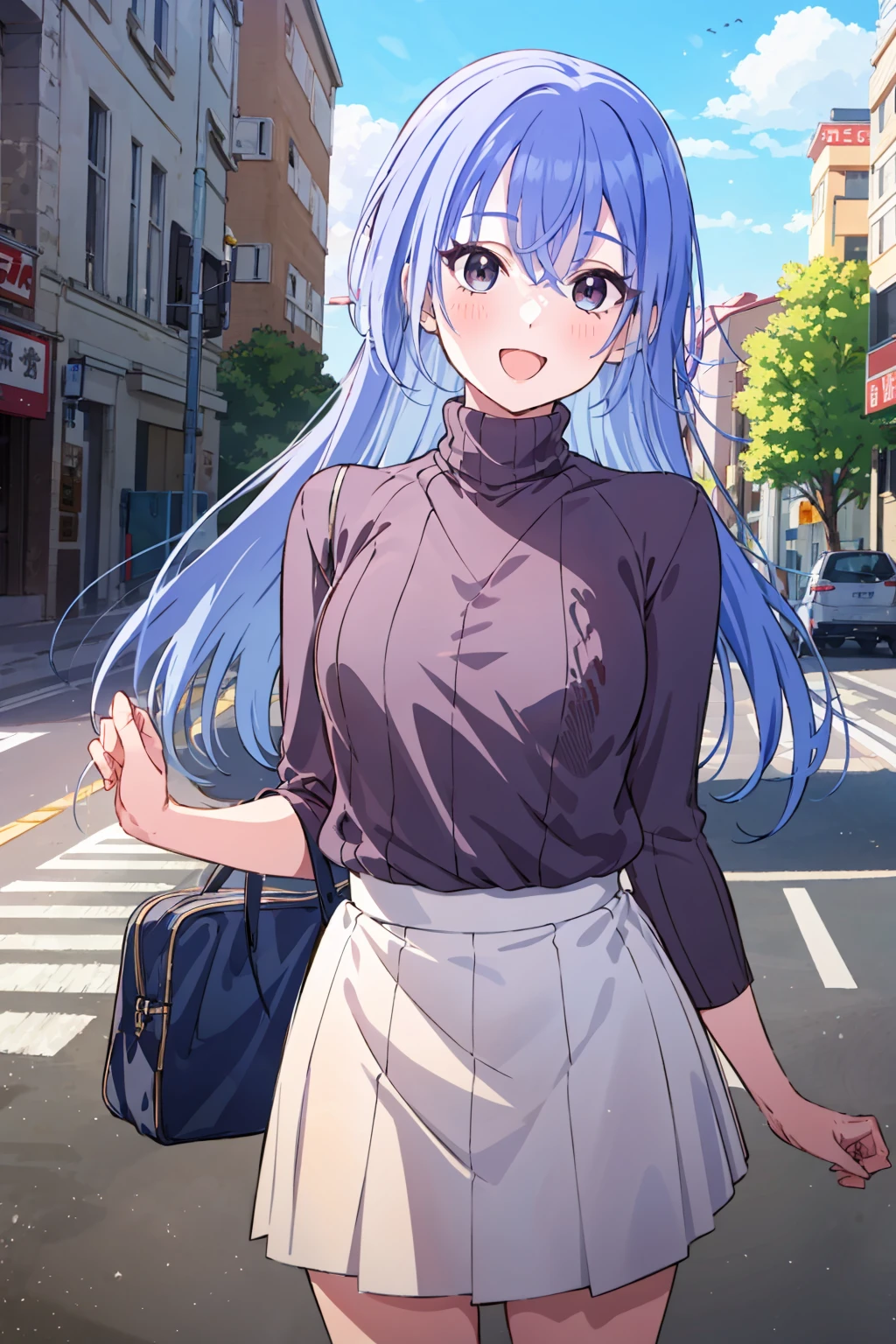 h_suzuki, 1girl, blue hair, smile, virtual youtuber, long hair, skirt, looking at viewer, outdoor, open mouth, pleated skirt, bangs, sweater, blush, white skirt, cowboy shot
<lora:h_suzuki:1>