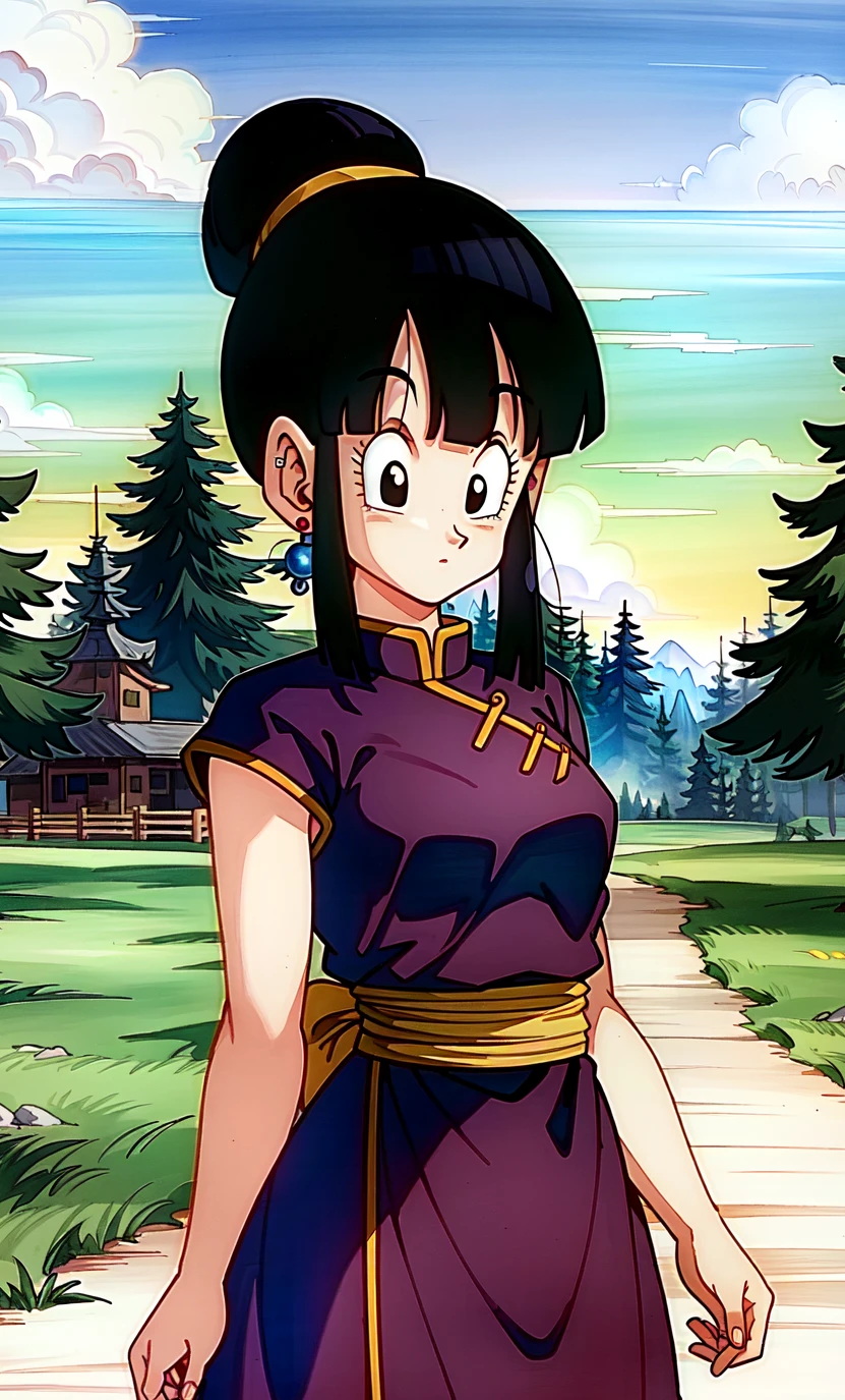 (extremely detailed CG unity 4k wallpaper),(masterpiece),(best quality),(ultra-detailed),(best illustration),(best shadow),(absurdres),(detailed background), <lora:OGT_Chi_Chi-v2:0.8> Chi Chi DBZ, 1girl, chi-chi (dragon ball z), solo, black hair, tree, outdoors, dress, black eyes, hair bun, earrings, sky, cloud, single hair bun, day, jewelry, retro artstyle, bangs, chinese clothes