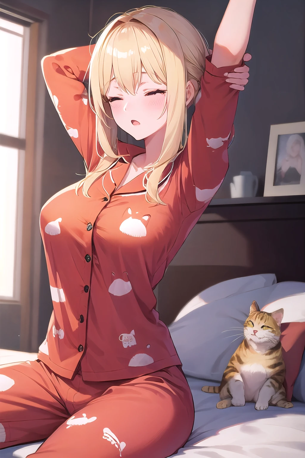 solo, masterpiece, hires,high resolution, best quality, 1girl,large breasts, mature female, blonde hair,  sitting on bed, waking up, half-closed eyes,  <lora:wake_up:1>, green pajama, pajama with cat print, wakeupstretch, arm behind head, stretching