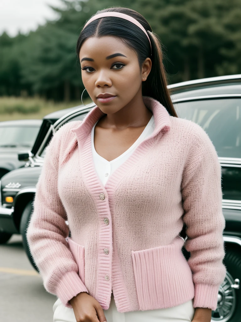 64bri3113uni0n, full body, outside 1950's drive in restaurant, posing in the parking lot, 1950's style cars in the background, pink cardigan, white blouse, hairclip, upper body, <lora:Gabrielle_Union_PMv1_Lora:1.3>,, RAW candid cinema, 16mm, color graded portra 400 film, remarkable color, ultra realistic, textured skin, remarkable detailed pupils, realistic dull skin noise, visible skin detail, skin fuzz, dry skin, shot with cinematic camera, ((Cinematic Still-Shot))