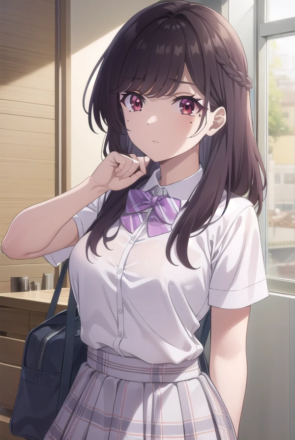mariakurose, <lora:maria kurose s1-lora-nochekaiser:0.8>,
maria kurose, long hair, black hair, (red eyes:1.3), mole, mole under eye,
BREAK skirt, shirt, bow, school uniform, white shirt, short sleeves, pleated skirt, bowtie, plaid, plaid skirt, purple bow,
BREAK indoors, classroom,
BREAK looking at viewer, (cowboy shot:1.5),
BREAK <lyco:GoodHands-beta2:1>, (masterpiece:1.2), best quality, high resolution, unity 8k wallpaper, (illustration:0.8), (beautiful detailed eyes:1.6), extremely detailed face, perfect lighting, extremely detailed CG, (perfect hands, perfect anatomy),