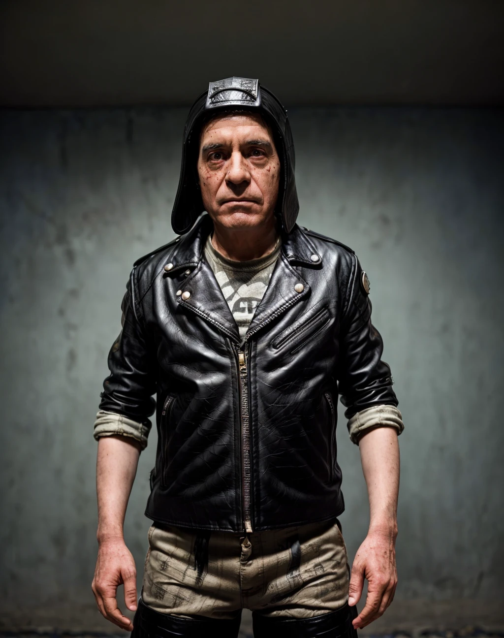 cinematic photo , <lora:quiron_elChavodel8_v2_lora:0.67> ElChavodel8Quiron man, (a man wearing biker outfit:1.4), at post-apocalyptic museum, shattered exhibits, faded artifacts, echoes of the past, . 35mm photograph, film, bokeh, professional, 4k, highly detailed