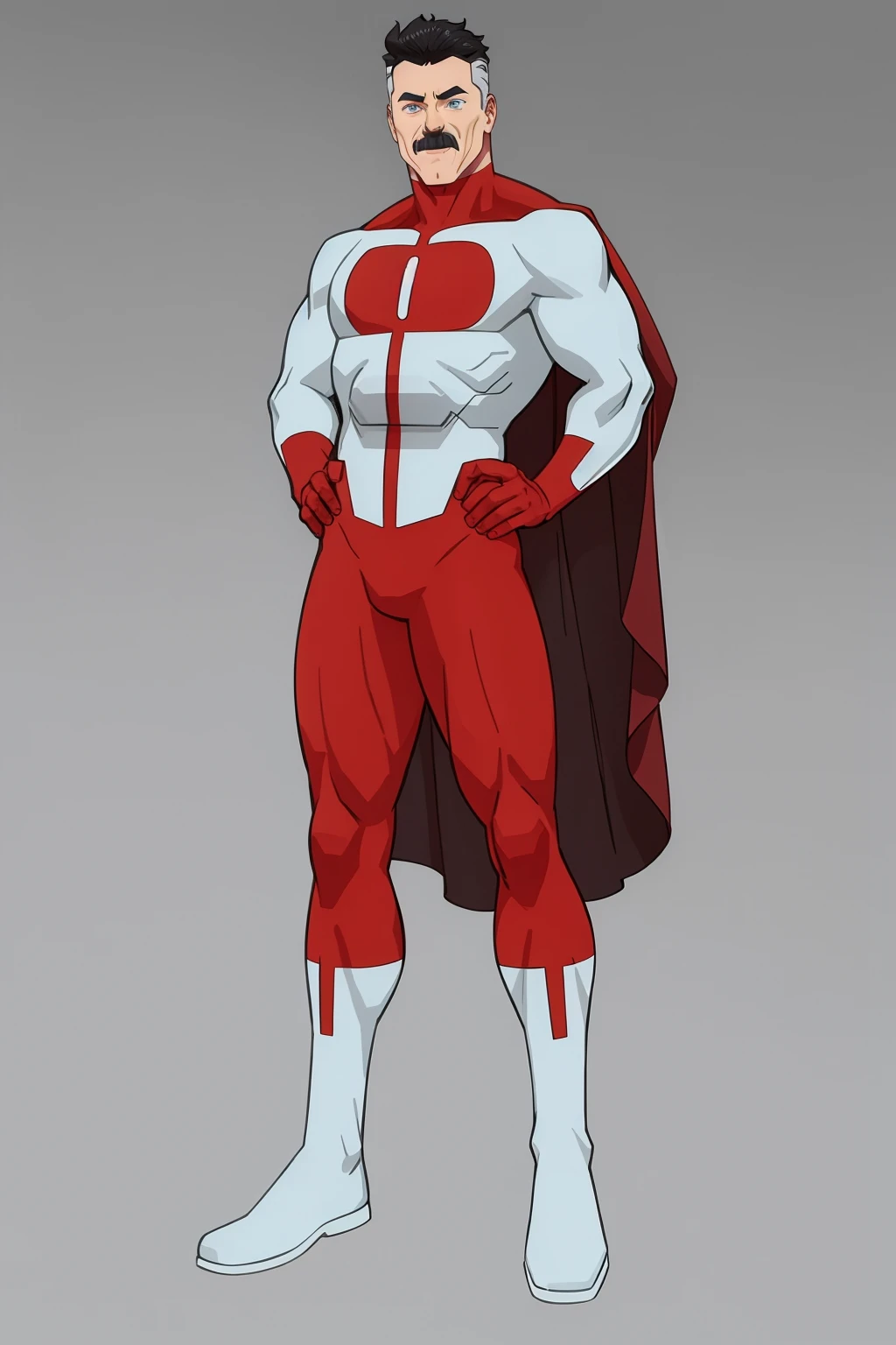 masterpiece, best quality, 1boy, omniman, black hair, short hair, blue eyes, mustache, bodysuit, cape, full body, hands on hips, smile, solo, looking at viewer, simple background <lora:Omniman:1>