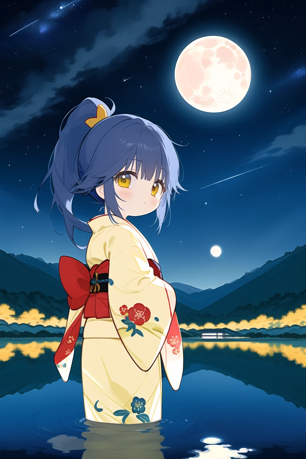 anime girl wearing white kimono and standing near a pond watching a full moon, 1girl, japanese clothes, kimono, night, solo, outdoors, yellow eyes, floral print, looking at viewer, moon, ponytail, sky, reflection, star (sky), bangs, starry sky, sash, long hair, obi, lake, night sky