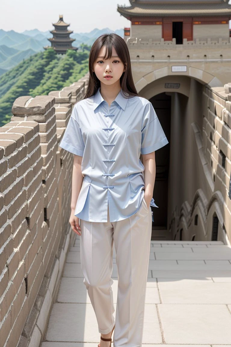 <lora:tsubasa_hazuki_obj20:0.5>, full_body, standing, sandals, (shirt), pants, (great wall of china), (tsubasa_hazuki: 1.2), perfect face, (contact iris: 1.1), pale skin, skin pores , depth of field