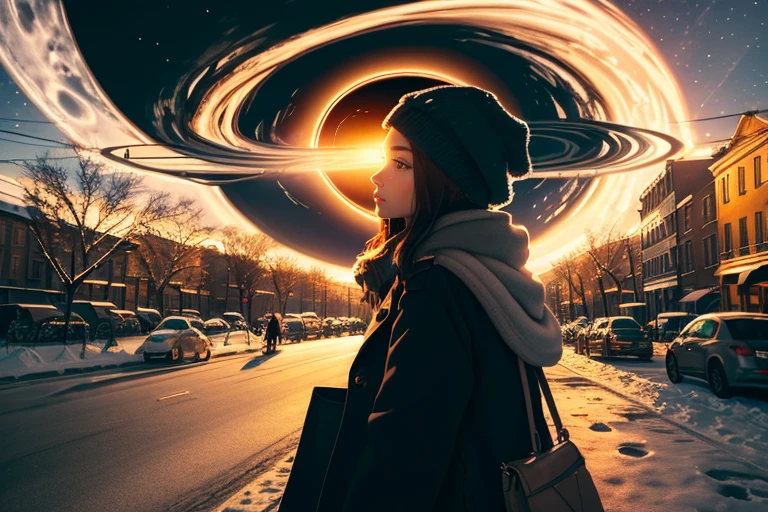 woman, on street, winter outfit, coat, winter cap,
(planet in sky, at morning, black hole),
<lora:planets:0.7>