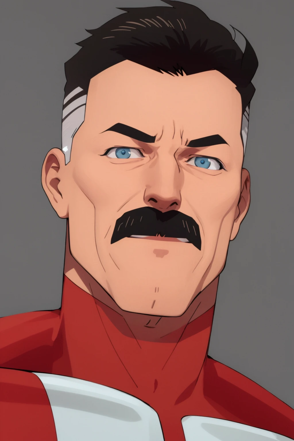 masterpiece, best quality, 1boy, omniman, black hair, short hair, blue eyes, mustache, closeup, solo, looking at viewer, sketch, simple background <lora:Omniman:1>