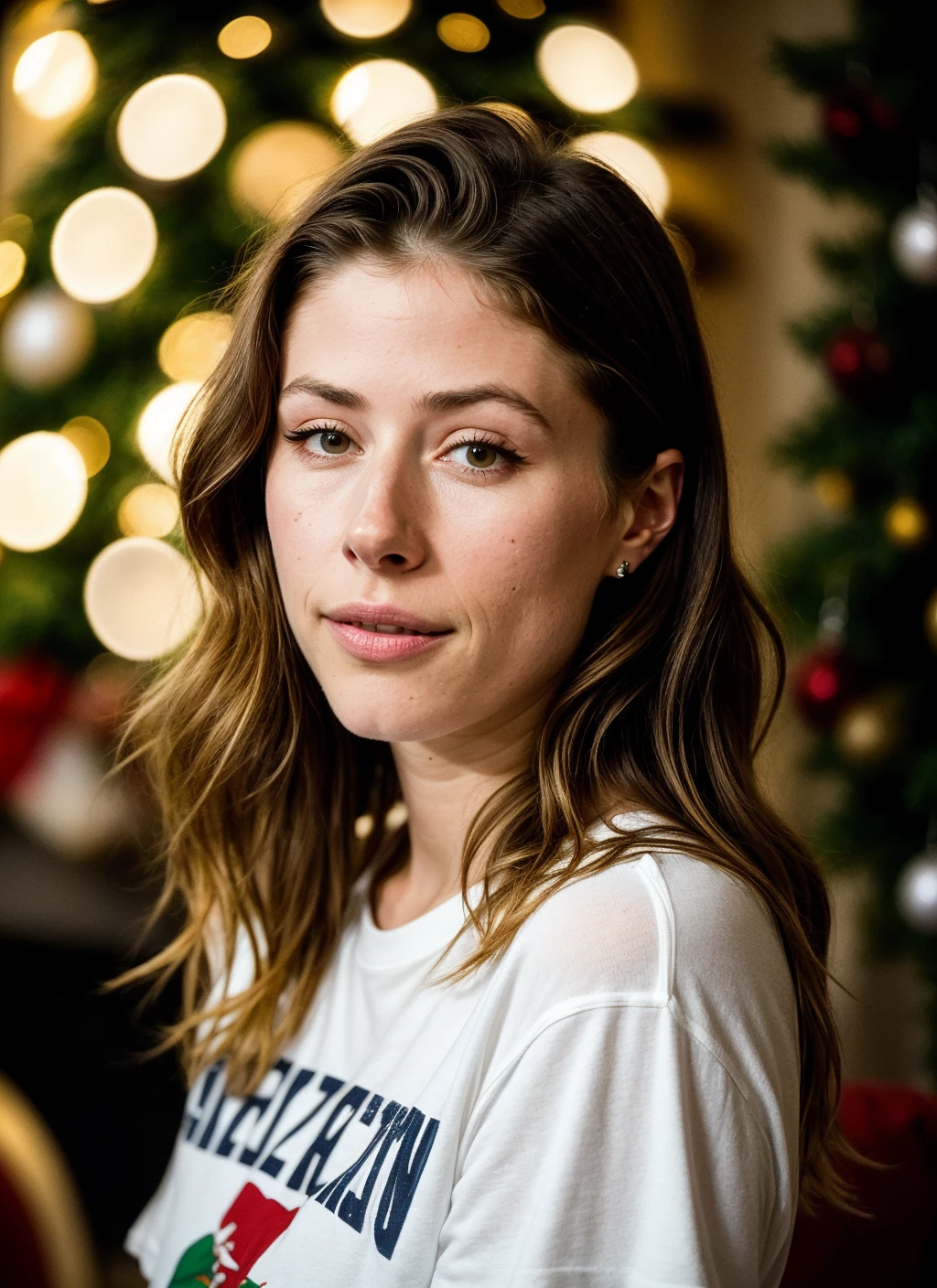 RAW photo of 20 years old amandacrew-ti, natural lighting, 8k uhd, dslr, high quality, film grain, Fujifilm XT3, <lora:add_detail:0.7>, by Peter Lindbergh, christmas theme, young, tshirt