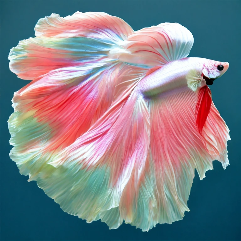 a Betta fish ,a light pink, light ivory, light blue and light purple colored fish, perfect tail and fins, caudal fin, dorsal fin, pectoral fin, ventral fin, anal fin, open eyes, closed mouth, closed gills,detailed scales.Right side view pose, swimming on a black background   <lora:Mr_Betta_LORA-10:1>  silky texure, 35mm film movie still, ultra photorealistic, photorealism, film grain, taken with hasselblad H6D 100c, the HCD 24mm lens, cinematic dramatic lighting, cold muted colors, sharp focus, (perfect real extremely details), amazing fine detail, absurdres, hyper realistic lifelike texture, dramatic lighting