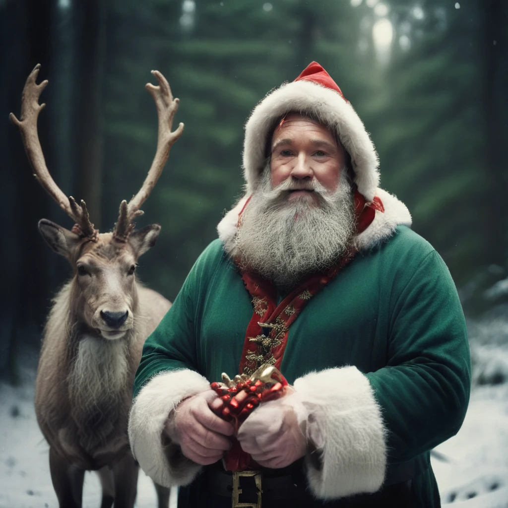 sc, portrait, father christmas stood next to a reindeer in the snowy woods, <lora:KK__Traditional_Father_Christmas_SDXL:1>