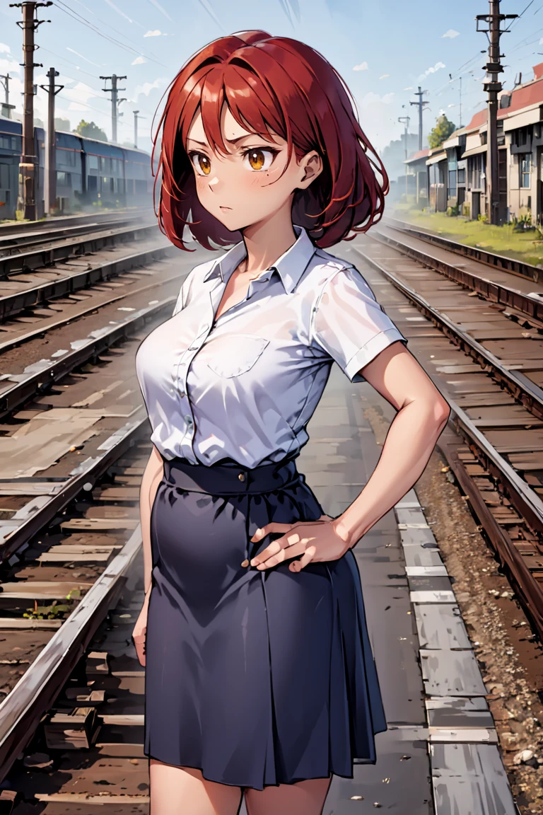 female in her Late thirties 1girl, red hair, Caramel brown layered shag hairstyle, Grateful facial expression, Light Brown eyes, train tracks, iron rails, distant whistle, transportation, wearing Button-down shirt and skirt<lora:BlackRose_XL_Lora:1> while Standing with one hand on the waist, looking sideways
