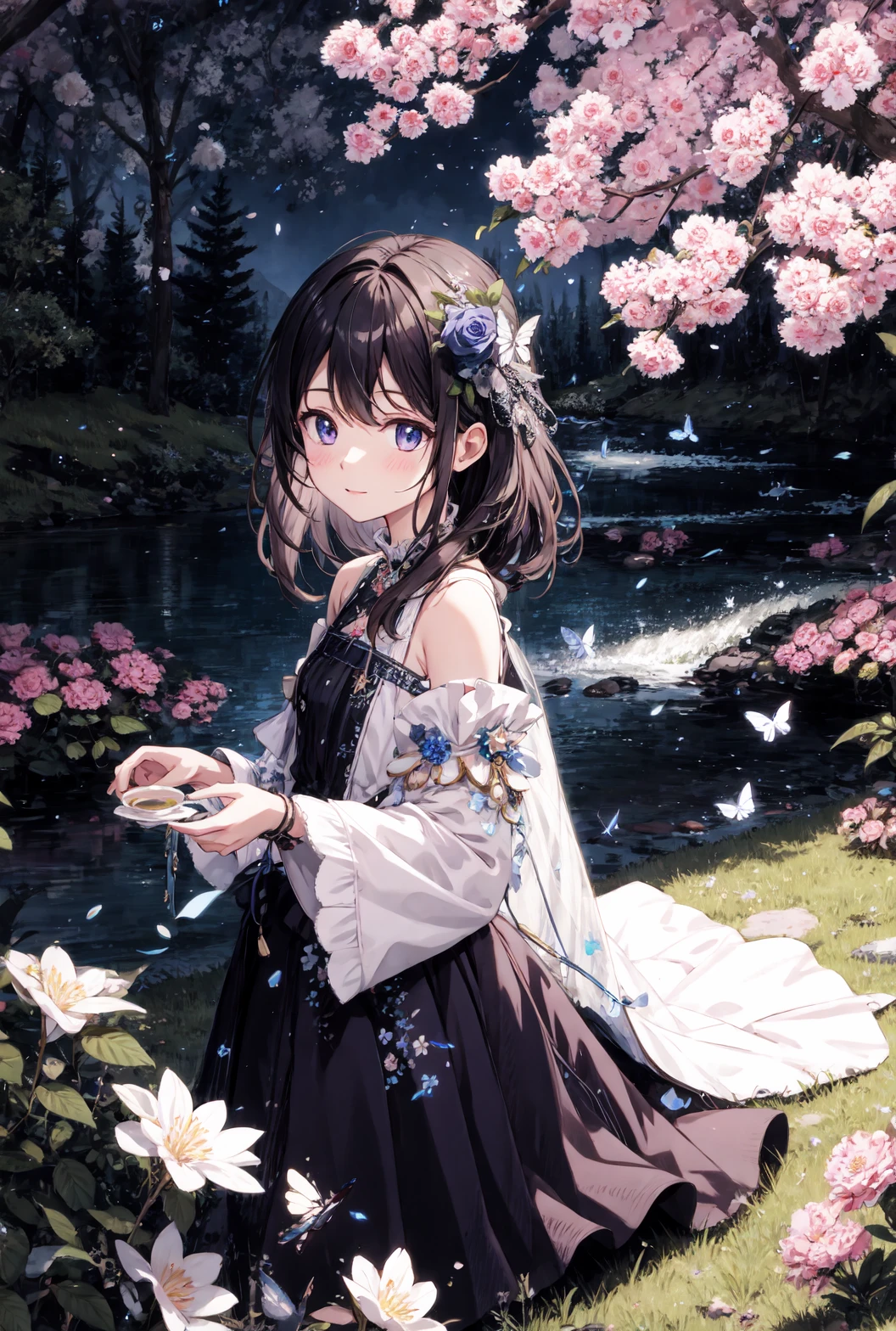 (masterpiece:1.3),ultra detailed,best quality,illustration,extremely detailed wallpaper,extremely detailed CG unity 8k wallpaper,realistic,night,grassland,Tea party,Blue rose,many blue roses,weed,,purple butterfly,sakura,wide shot,(river:1.1), ultra realistic lighting, colorful painting burst,absurdres,
,fluttering petals,fantasy view , fisheye lens ,
starry sky, wind,night,star, shadow,ruins,twinkle star,