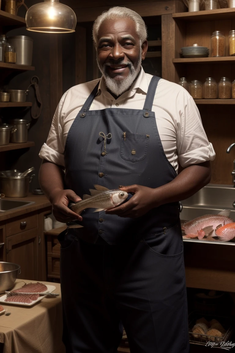 black_skin, 1900's 90 years old ugly chubby man with big nose and smile and tousled grey hair and grey beard and dirty apron, wrinkles:1.1, fishmaker, cutting fish:1.2, (sliced fish behind him:1.1), (pants:1.1), (masterpiece:1.3), (best quality:1.3), (intricate details), unity 8k wallpaper, ultra detailed, perfect lighting, <lora:Democlesiste-10:0.8> Democlesiste