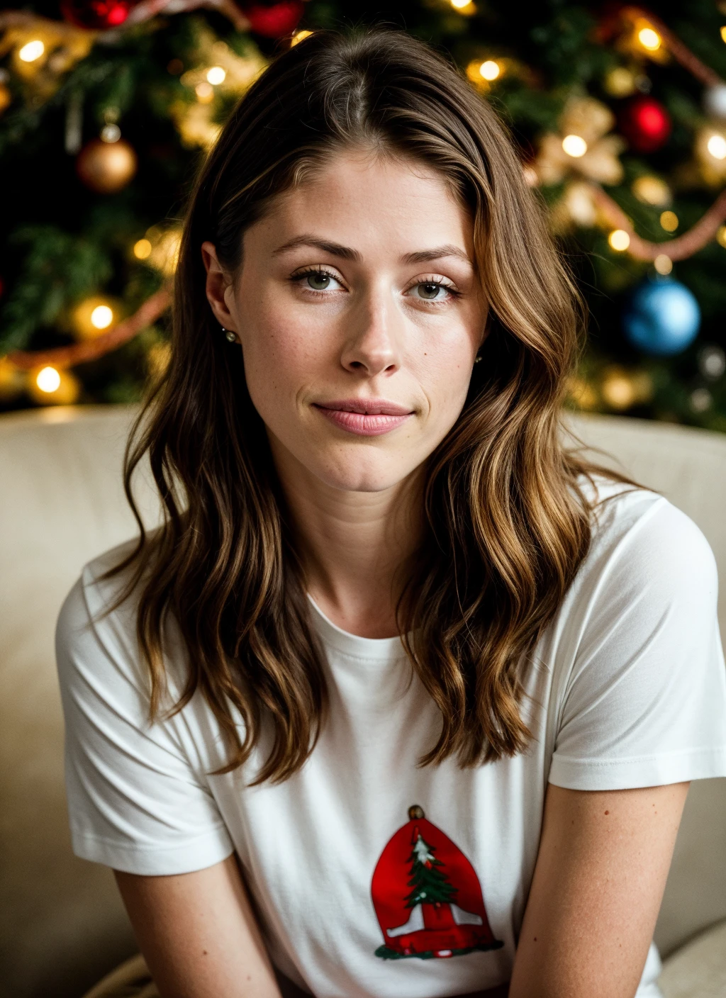 RAW photo of 20 years old amandacrew-ti, natural lighting, 8k uhd, dslr, high quality, film grain, Fujifilm XT3, <lora:add_detail:0.7>, by Peter Lindbergh, christmas theme, young, tshirt