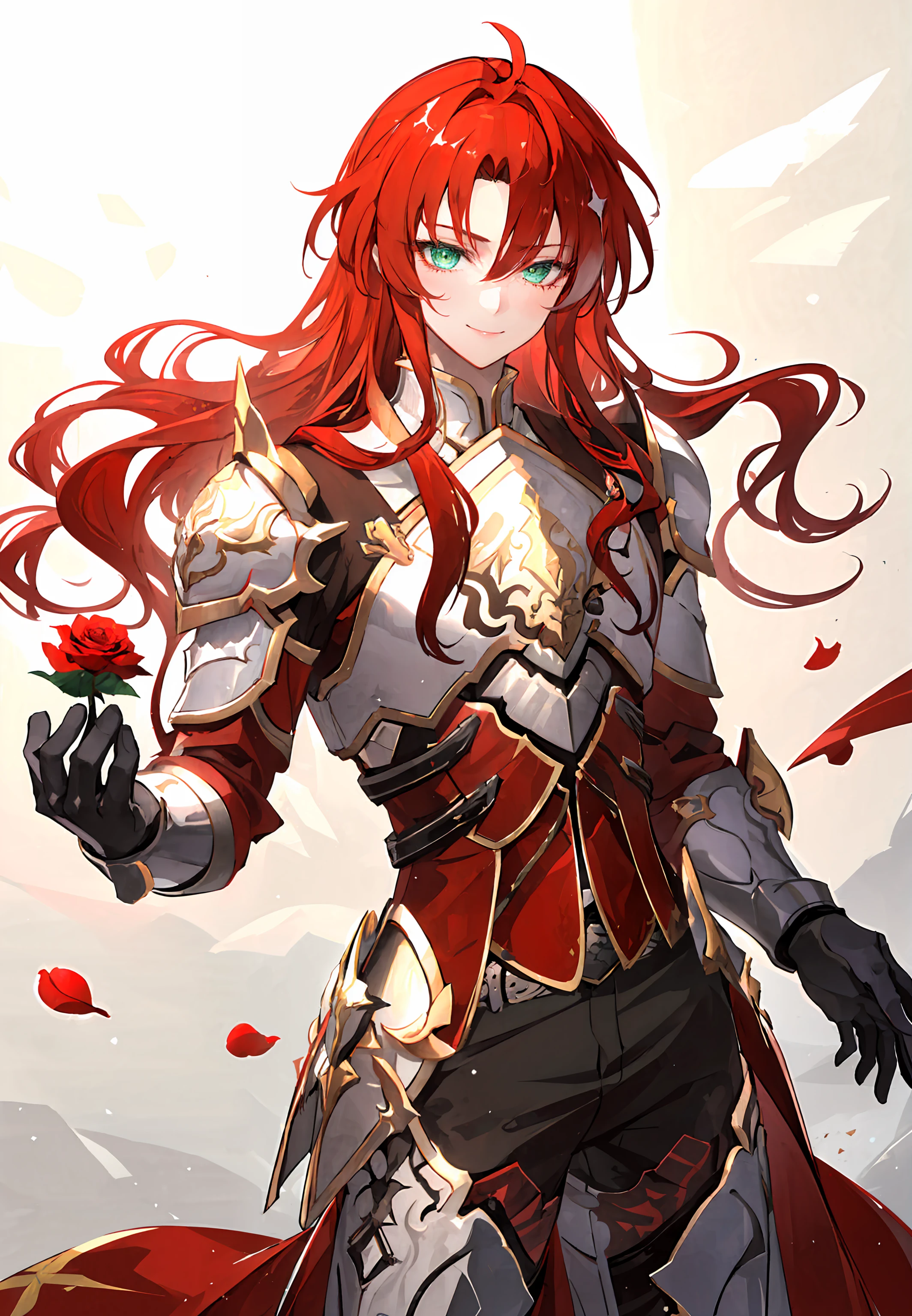 ((masterpiece,best quality)), 1boy, argenti, green eyes, armor, gaunlets, armored boots, holding red rose, cowboy shot, simple background, smile,