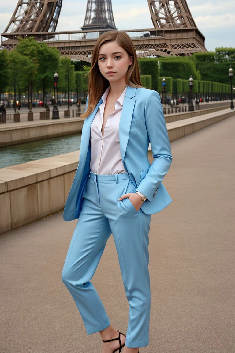 <lora:emily18_obj20:0.5>, full_body, standing, sandals, (suit), pants, (eiffel tower), (emily18: 1.2), perfect face, (contact iris: 1.1), pale skin, skin pores , depth of field