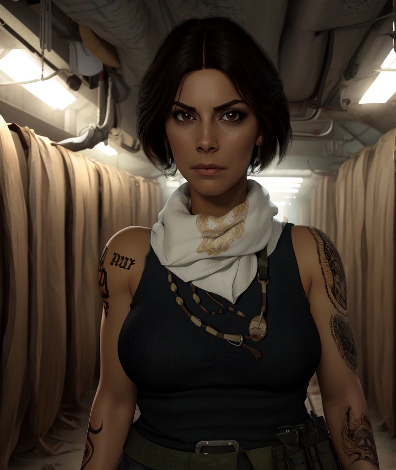 Valeria,black hair,short hair,brown eyes,shoulder tattoo,
white scarf,black shirt,sleeveless,necklace,belt,pants,
standing,upper body,serious,
underground bunker,military,
(insanely detailed, beautiful detailed face, masterpiece, best quality)solo,<lora:Valeria-10CODv8:0.8>,