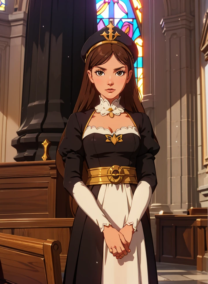 (masterpiece, best quality),(depth) of (field),  <lora:VictoriaNPC:0.8> cold_expression, 1girl, black_clothes, dress, brown_hair, cleavage, ornaments, puffy_sleeves,veil, church, hat, dandelions scattered in the air, wind, breeze, looking_at_viewer, indoors,     <lora:botw_style_offset:0.6>, adult