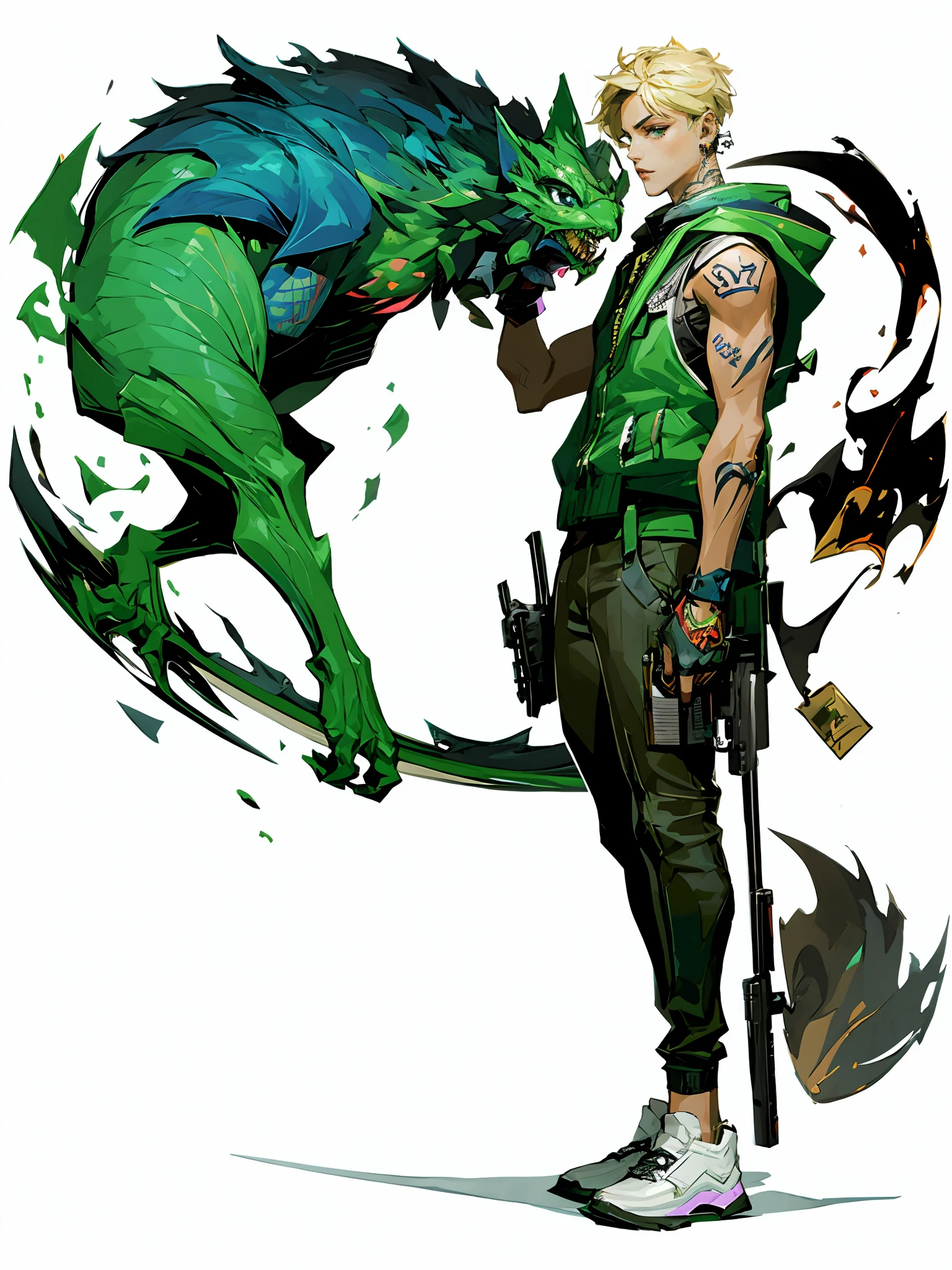 leo character design board, full body, full details, front, back, high detail, depth, many parts, many angles, of leo.  has green hair.  muscle.  bat wings.  wearing only underwear to reveal her muscular muscles