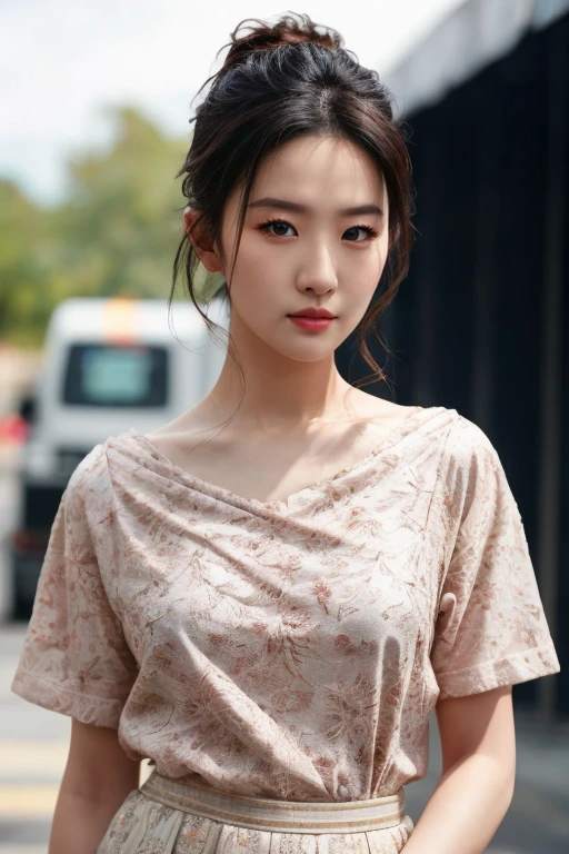 hyper realistic lifelike texture dramatic lighting unreal engine trending on art station, award winning photo, nikon RAW photo,8 k, Fujifilm XT3,masterpiece, best quality, realistic, photorealistic, ultra detailed, extremely detailed face, solo,1girl, standing, fashionable and trendy atmosphere, high-end makeup products, and a stylish expression on her face, close up, t-shirt
