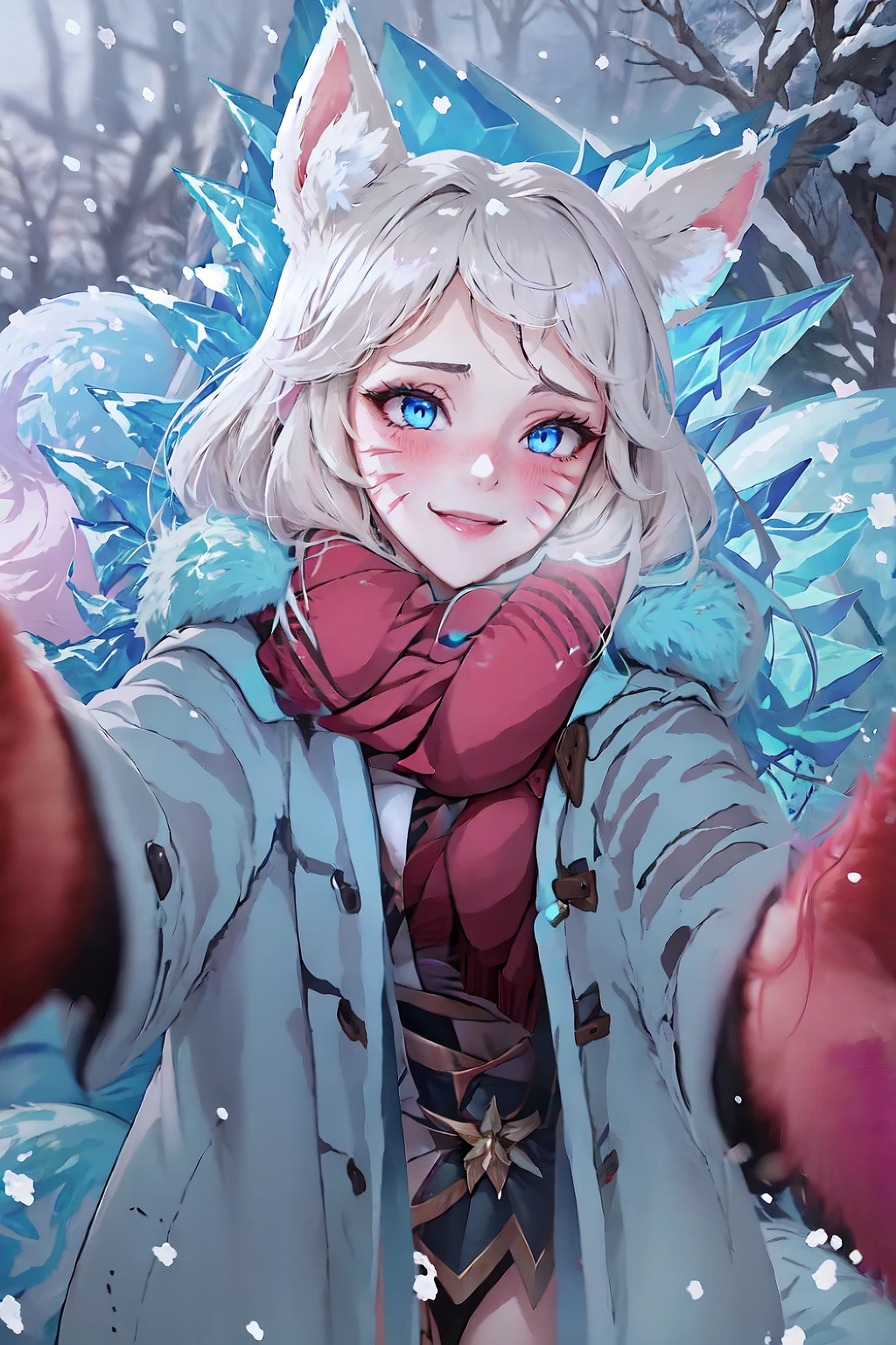 1girl, IncrsAhriWinterQueen, whisker markings, facial mark, <lora:AhriWinterQueen:1>, fox tail, multiple tails, ice, cowboy shot, IncrsChkWarmingMeme, pov, red scarf, winter clothes, smile, blush, <lora:Pos_PovCheekWarmingMeme:1>, blue eyes,