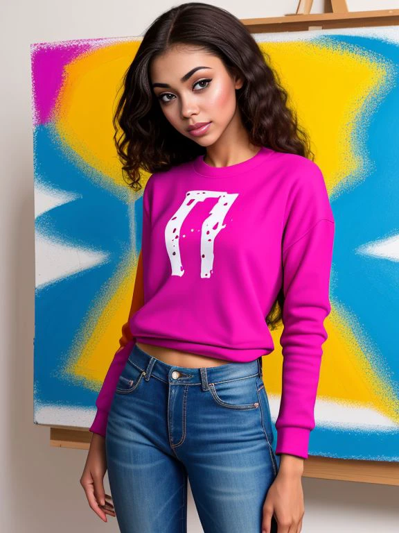 Artist, Maria_Valez, Sweatshirt, jeans, colorful paint splotches,