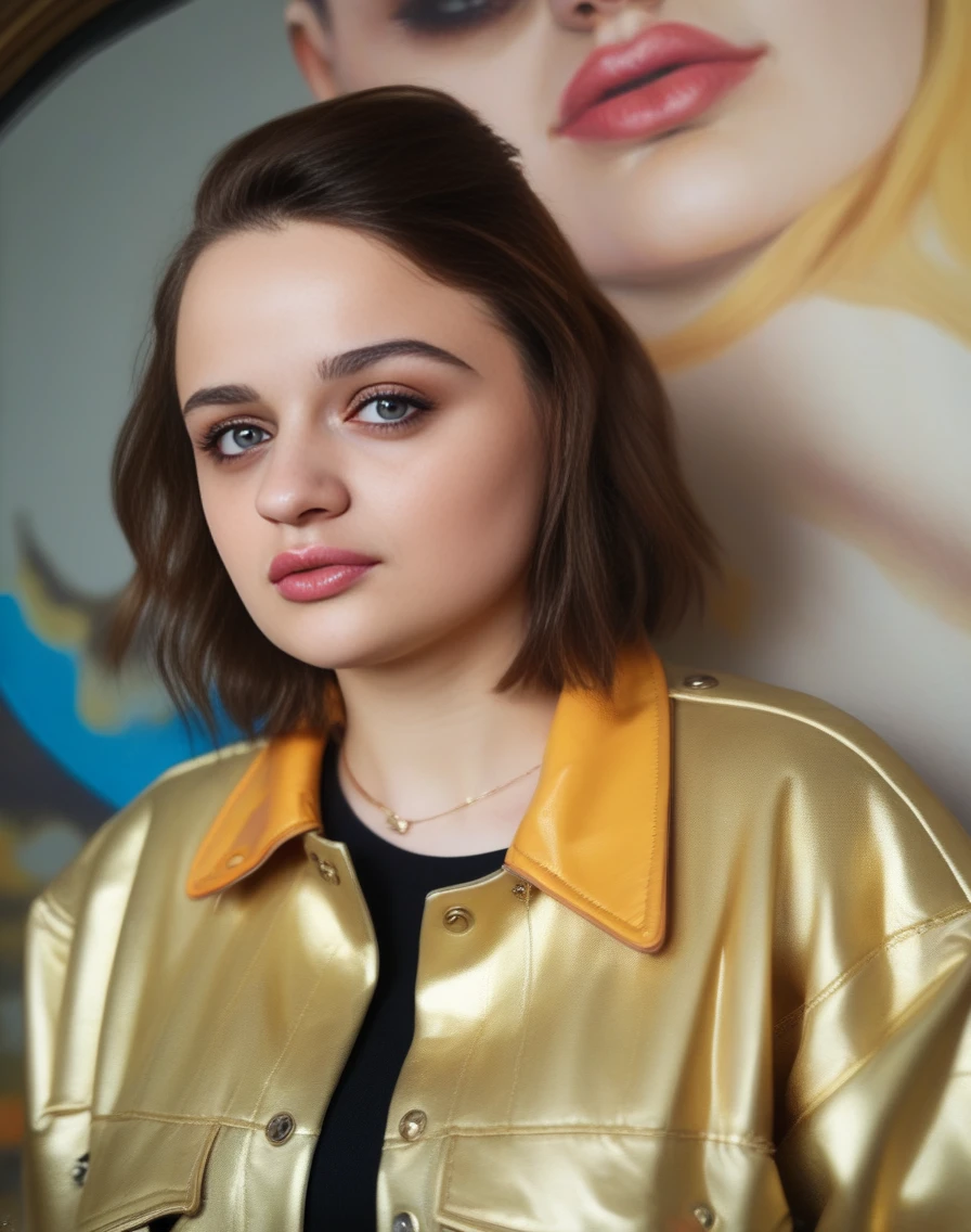 JoeyKing, portrait,close up of a Hostile Woman, ð, wearing Emergent Brass electric color Bomber jacket, captivating pose, tilt shift, [art by Sam Toft|art by Ilya Repin],  <lora:JoeyKingSDXL:1>