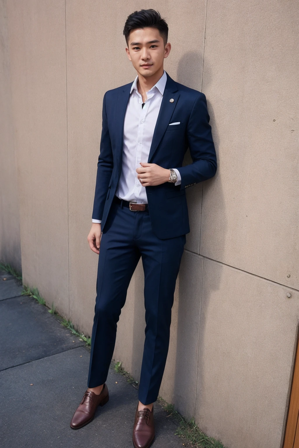 (1man:1.4),(male:1.2),(full body:1.2),(Collared shirt and blazer and suit trousers:1.4),<lora:AsianMan_5:0.8>,