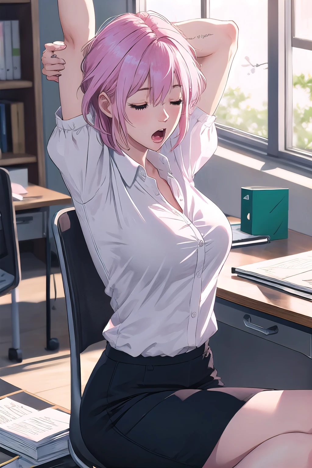 solo, masterpiece, hires,high resolution, best quality, 1girl,large breasts, mature female, pink hair, pink eyes, <lora:wake_up:1>, desk, open notebook, studying, sitting at desk, yawning, wakeupstretch, stretching, arm behind head, sleepy, half-closed eyes