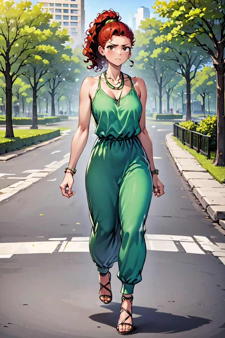 Mature female 1girl, red hair, Curly caramel brown high ponytail hairstyle, Annoyed facial expression, Dark Brown eyes, urban park, green oasis, joggers, families, vibrant, wearing Resort Glam: Flowy maxi dress, statement necklace, and strappy heels.<lora:BlackRose_XL_Lora:1> while Hands on the waist, looking cheerful