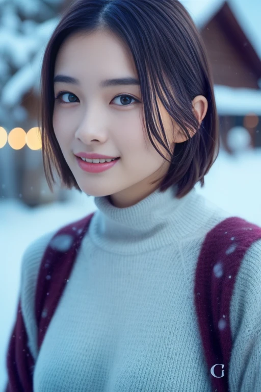1girl,(wearing turtleneck sweater),(winter jacket),(RAW photo, best quality), (realistic, photo-realistic:1.4), masterpiece, an extremely delicate and beautiful, extremely detailed, 2k wallpaper, Amazing, finely detail, extremely detailed CG unity 8k wallpaper, ultra-detailed, highres, soft light, beautiful detailed girl, extremely detailed eyes and face, beautiful detailed nose, beautiful detailed eyes,cinematic lighting,at a ski resort,snow scenery,snow field,perfect anatomy,slender body,smiling,<lora:abeoto_lora:0.8>,short hair