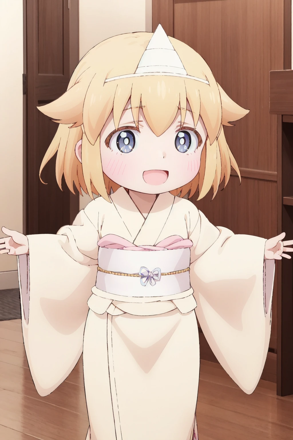 <lora:0 SYIyuureichan:1>,yuureichan,chibi,a very young child,white japanese kimono,white sash,:d,full_shot,posing,