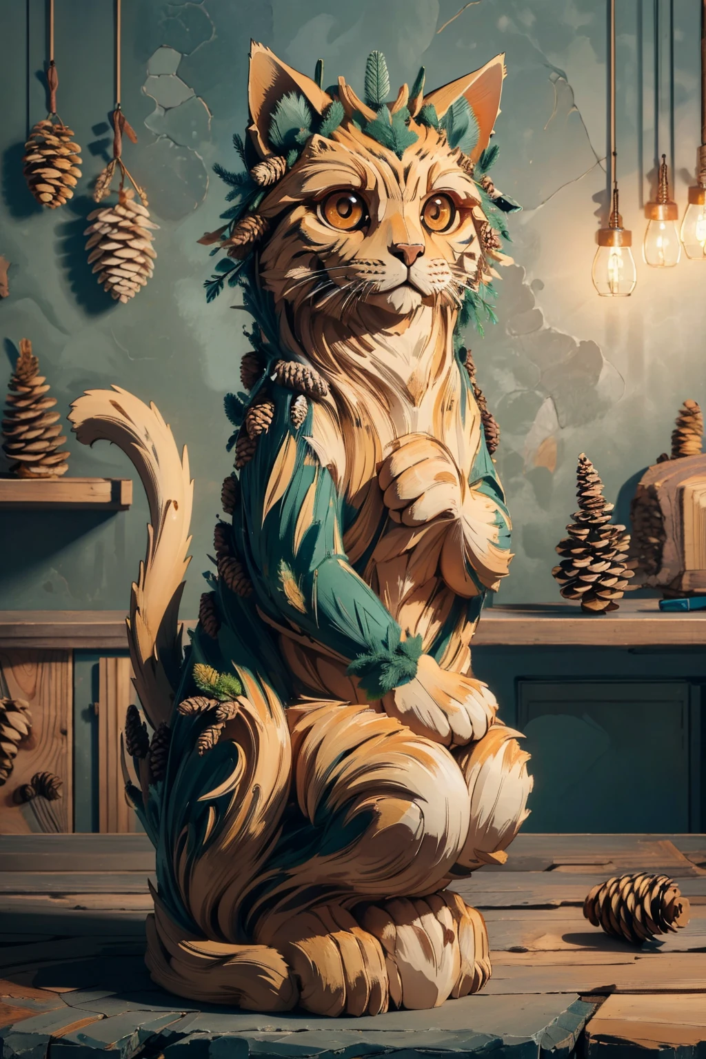 masterpiece, best quality, <lora:evergreen-nvwls-v1:1> evergreenstyle cat, pine cones